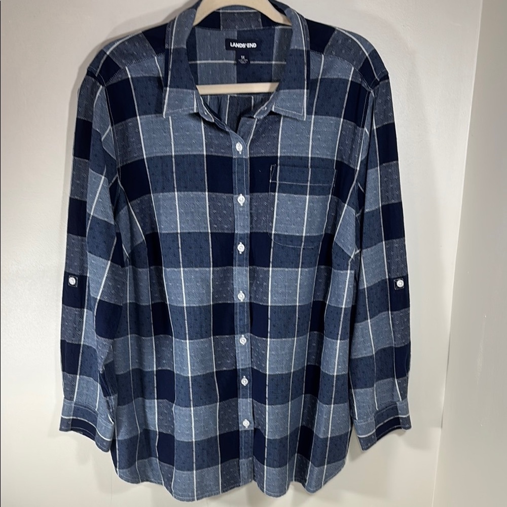Women's Lands' End Navy and Light Blue Plaid Long Roll up Sleeve Shirt